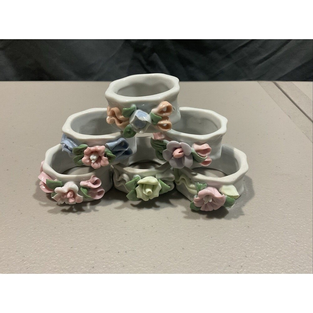 Vintage Porcelain Flower Napkin Rings/Holders Set Of 6